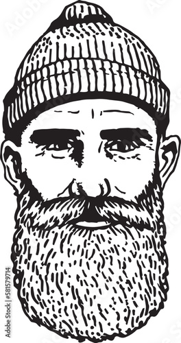 Vintage hipster sailor with thick beard Vector illustration, SVG