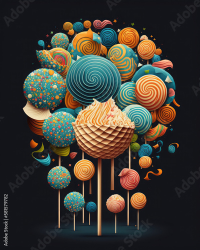 Candies and lollipops on a black background. Generative AI