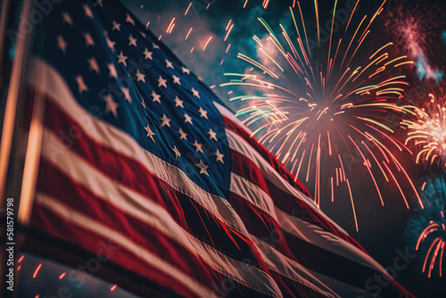 Fényképezés AI generated celebratory fireworks on background of american flag at usa indepen