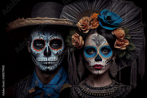 Portrait of a couple in Day of the Dead makeup. AI generated