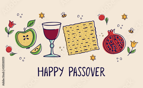 Passover card for the Jewish holiday. Template for your design with matzah, glass of wine, pomegranate and apple fruits, spring flowers. Happy Passover inscription. Vector