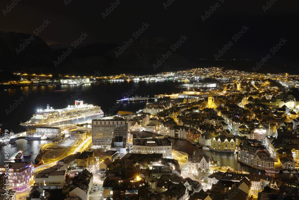 Night View Of Alesund Skyline Cityscape. Historical Center In Summer Evening. Famous Norwegian Landmark And Popular Destination. Alesund, Kiven viewpoint.