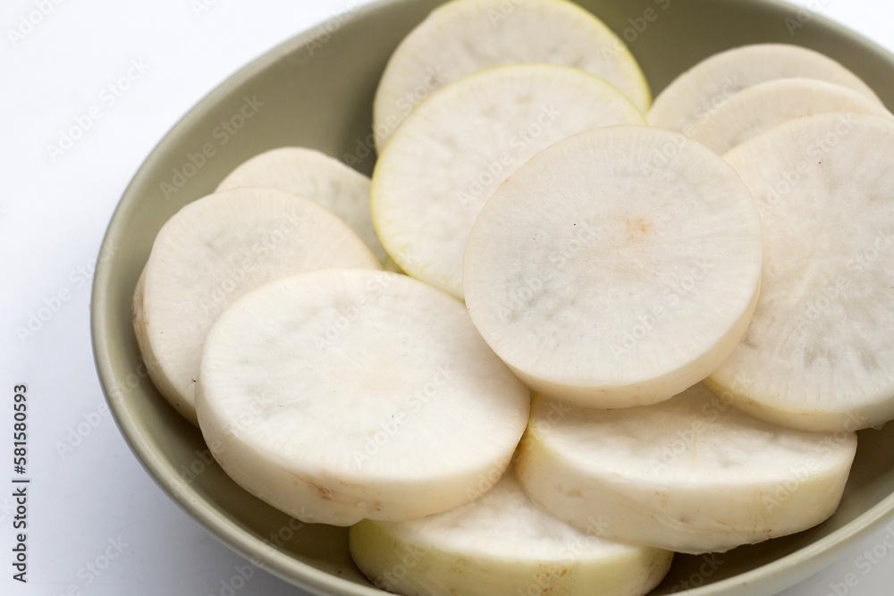 Sliced Japanese daikon. Fresh vegetables