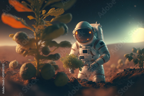 Picture of astronaut gardening - man or woman in suit with helmet gardening on moon or alien planet