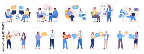 Different people characters work together in the office and remotely