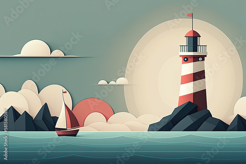 Illustration of a lighthouse with sailboat, sun, and clouds rendered in flat lay paper craft art style. Generative AI