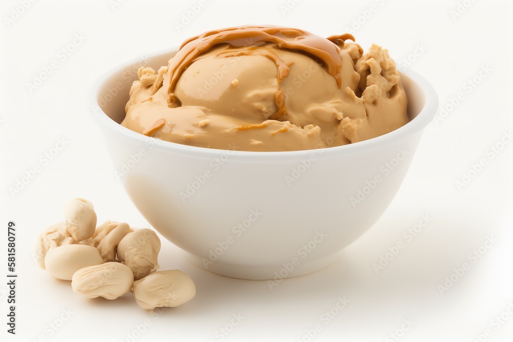 Creamy peanut butter in the bowl on white background. Tasty peanut butter. Generative AI Creamy peanut butter in the bowl on white background. Tasty peanut butter. Generative AI
