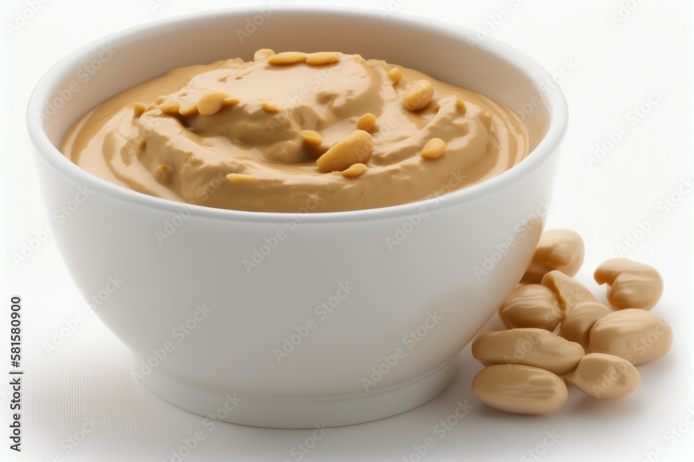 Creamy peanut butter in the bowl on white background. Tasty peanut butter. Generative AI Creamy peanut butter in the bowl on white background. Tasty peanut butter. Generative AI