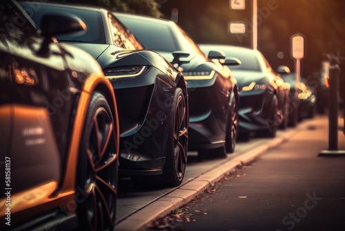 A line of electric cars charging at a public charging station. AI generation © yuliachupina