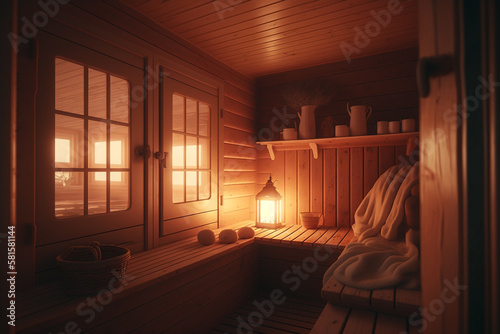 cozy sauna room with wooden bench Generative AI