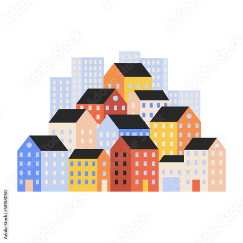 Vector illustration of houses or city. Modern minimalistic geometric buildings. Concept of real estate, mortgage, investment for landing page or website. Landscape city with many building