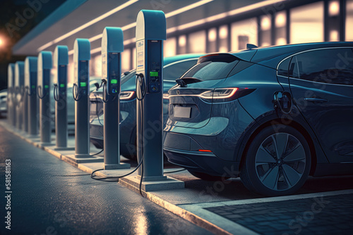 A line of electric cars charging at a public charging station. AI generation