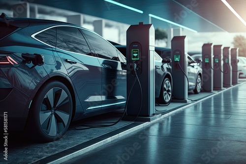 A line of electric cars charging at a public charging station. AI generation