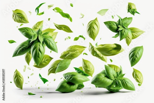 Fresh green organic basil leaves flying isolated on white background. Generative AI. photo