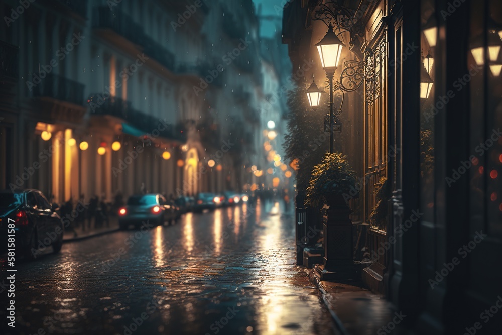 Wet Paris street at night. Generative AI.