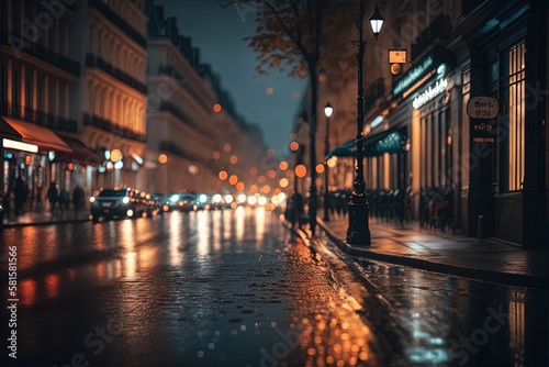 Wet Paris street at night. Generative AI.