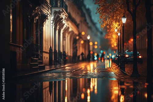 Wet Paris street at night. Generative AI.