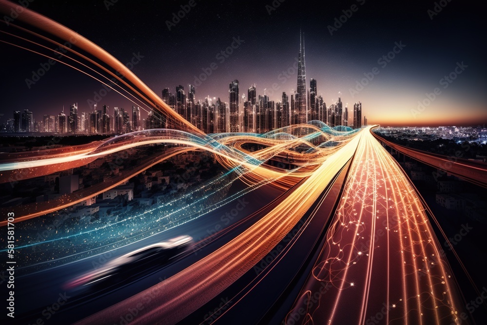 Smart digital city with high speed light trail of cars of digital data transfer. Generative AI. Smart digital city with high speed light trail of cars of digital data transfer. Generative AI.