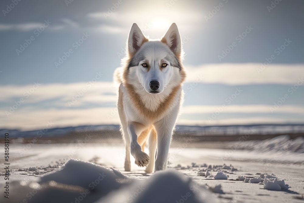 Fototapeta premium White sled dog walking. Generative AI.