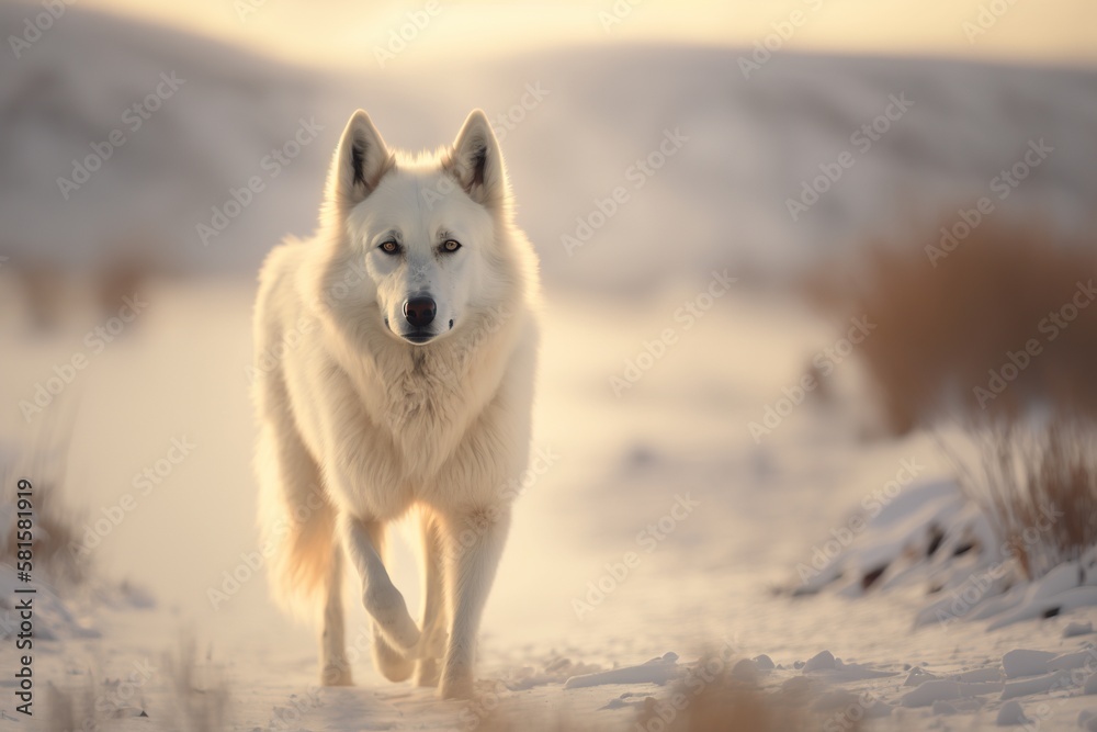 Obraz premium White sled dog walking. Generative AI.