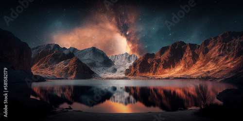 Astrophotography highland lake. AI generated illustration