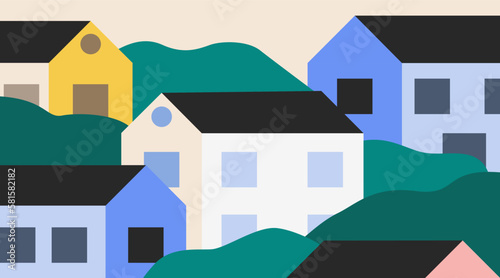 Vector illustration of houses in between trees. Modern geometric buildings. Concept of real estate, mortgage, investment for landing page or website.