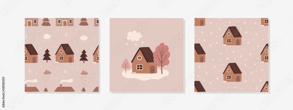 Three Christmas patterns with houses and trees. 