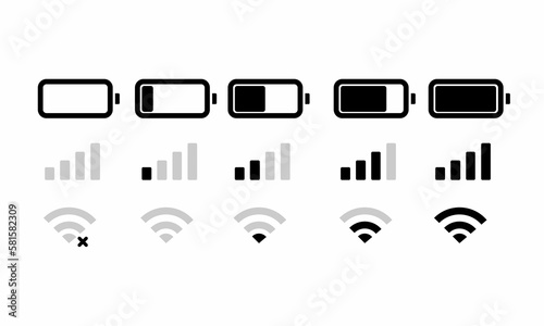 set wifi icon isolated on white background for phone. Phone bar status Icons, battery Icon, wifi signal strength. Vector for mobile phone. Vector illustration  photo