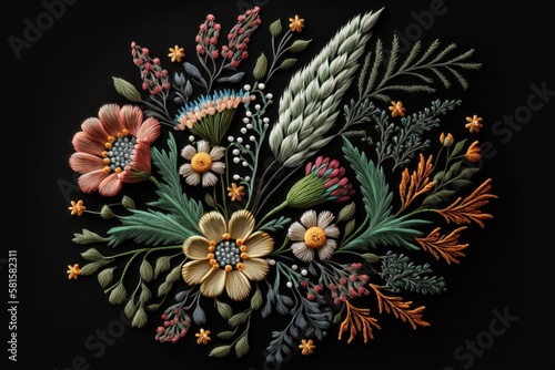 Embroidery bouquet on black background. Floral print. AI generation