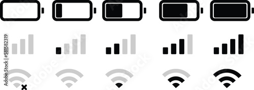 set wifi icon isolated on white background for phone. Phone bar status Icons, battery Icon, wifi signal strength. Vector for mobile phone. Vector illustration  photo