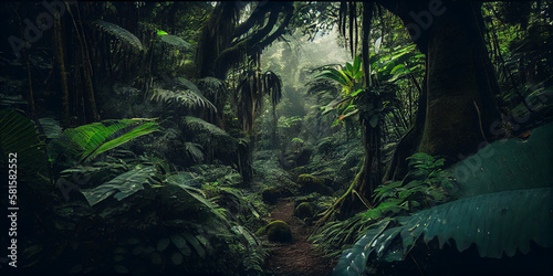 Dense rainforest with lush green foliage generated by AI photo