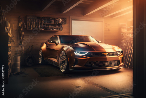 Photorealistic ai artwork concept design of a muscle car in a garage. Reflective. Generative ai.