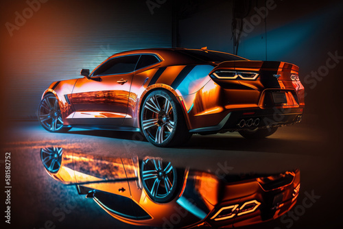 Photorealistic ai artwork concept design of a muscle car in a garage. Reflective. Generative ai. © JG Marshall