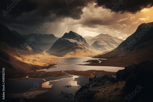 Photorealistic ai artwork landscape image of sunrise or sunset over a dramatic valley and lake surrounded by atmospheric mountains. Generative ai.