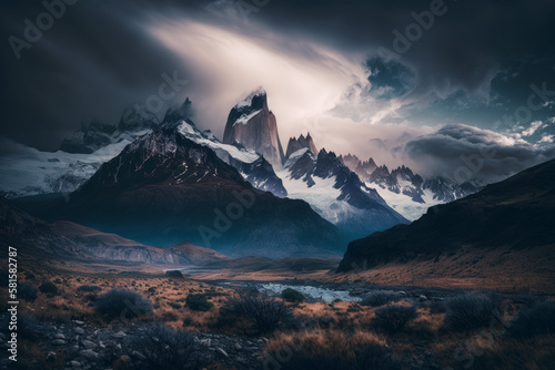 Photorealistic ai artwork landscape image of sunrise or sunset over dramatic and atmospheric mountains. Generative ai.