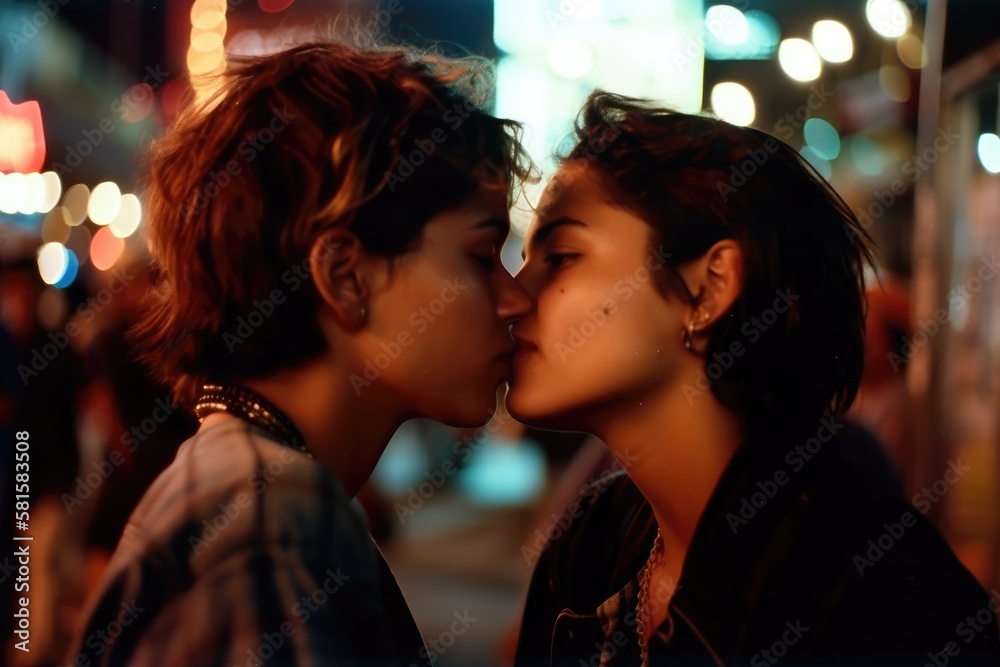 Young lesbian couple in their moment of intimacy at night in the street. This image was created with generative AI	