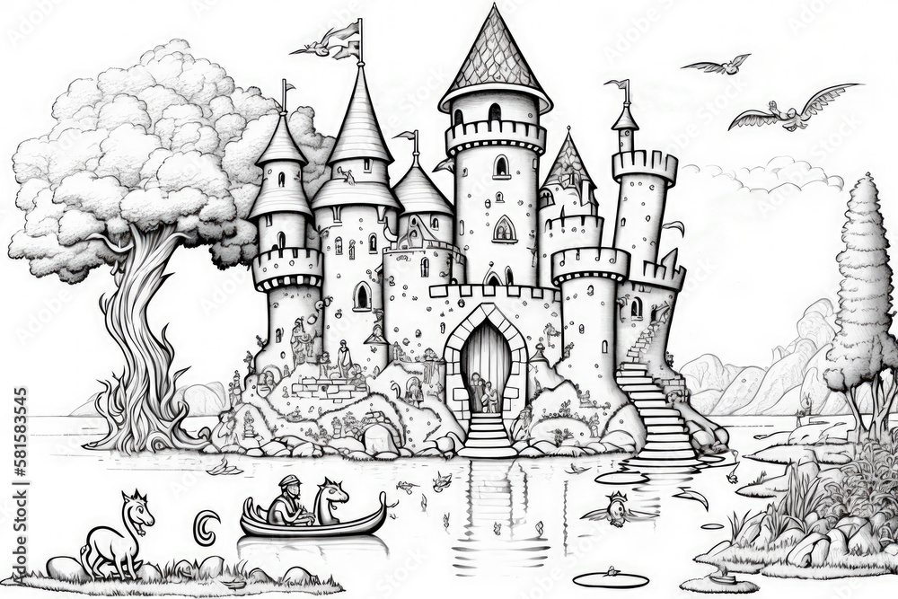a castle surrounded by a moat, with knights, dragons, and a princess in a tower waiting to be rescued, Black and white coloring page - Generative AI