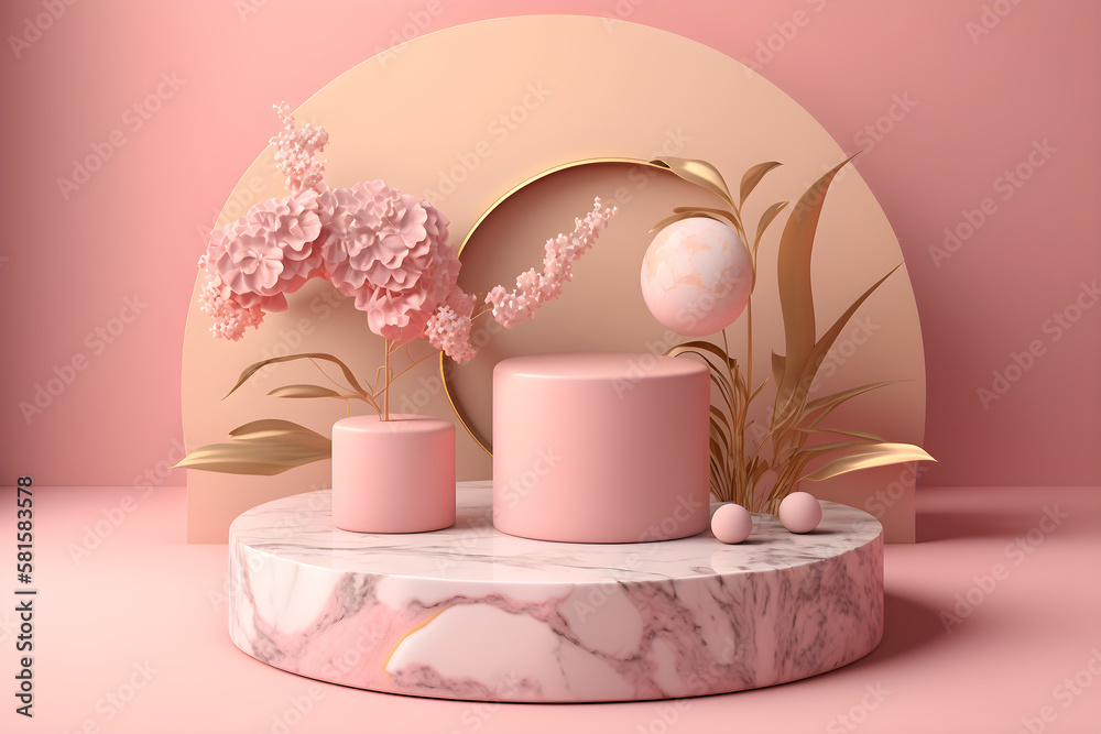 Pink podium with flowers for product presentation, illustration ai generative Pink podium with flowers for product presentation, illustration ai generative