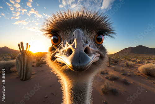 Photorealistic ai artwork of a close-up ostrich at sunset or sunrise. Generative ai.