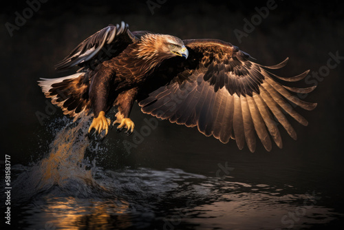 Photorealistic ai artwork of a portrait of an eagle catching fish. Generative ai. © JG Marshall