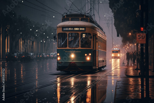 Photorealistic ai artwork of a Melbourne style tram on a wet and foggy winter evening. Generative ai.