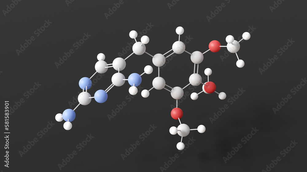 trimethoprim molecule, molecular structure, urinary anti-infectives, ball and stick 3d model, structural chemical formula with colored atoms trimethoprim molecule, molecular structure, urinary anti-infectives, ball and stick 3d model, structural chemical formula with colored atoms