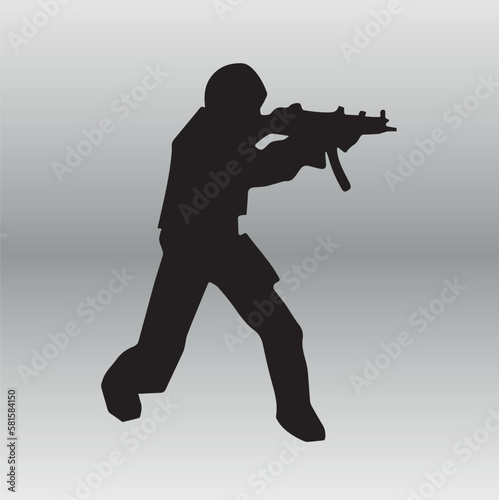 A man in the form of tactical police units with weapons. Explosion, smoke and fire sparks on light gradient background, light copy space, poster design