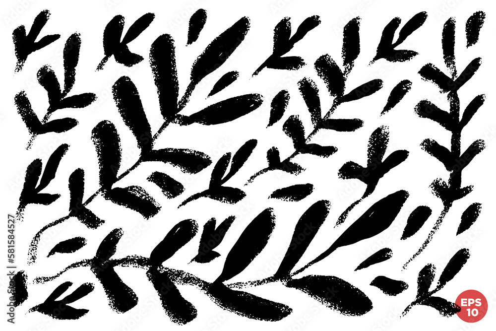 Vector set of ink hand drawn botanical elements, branches with leaves, monochrome artistic botanical illustration. One color artistic floral graphic collection. Vector set of ink hand drawn botanical elements, branches with leaves, monochrome artistic botanical illustration. One color artistic floral graphic collection.