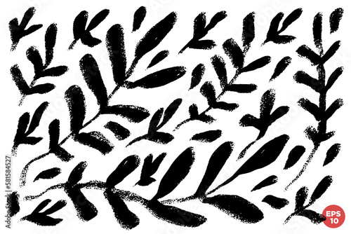 Vector set of ink hand drawn botanical elements, branches with leaves, monochrome artistic botanical illustration. One color artistic floral graphic collection.