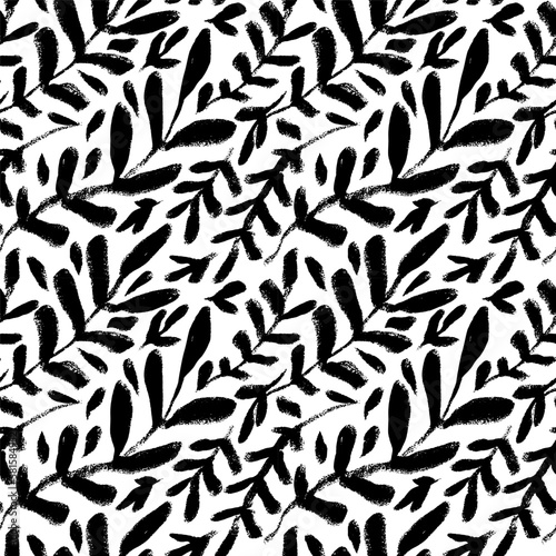 Vector seamless pattern with ink hand drawn botanical elements, branches with leaves, monochrome artistic botanical illustration. One color artistic floral graphic background.