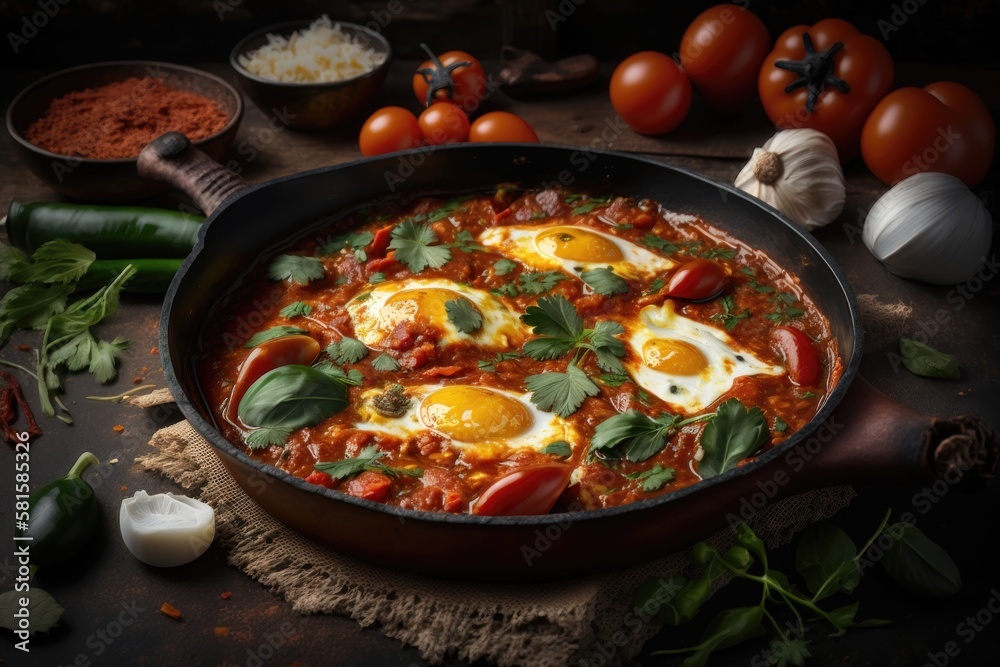 Shakshouka, dish of eggs poached in a sauce of tomatoes. AI generation Shakshouka, dish of eggs poached in a sauce of tomatoes. AI generation