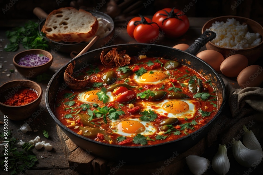 Shakshouka, dish of eggs poached in a sauce of tomatoes. AI generation Shakshouka, dish of eggs poached in a sauce of tomatoes. AI generation