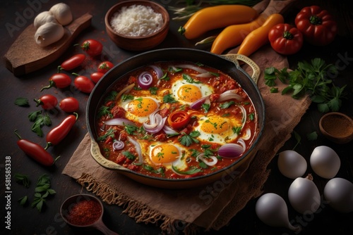 Shakshouka, dish of eggs poached in a sauce of tomatoes. AI generation