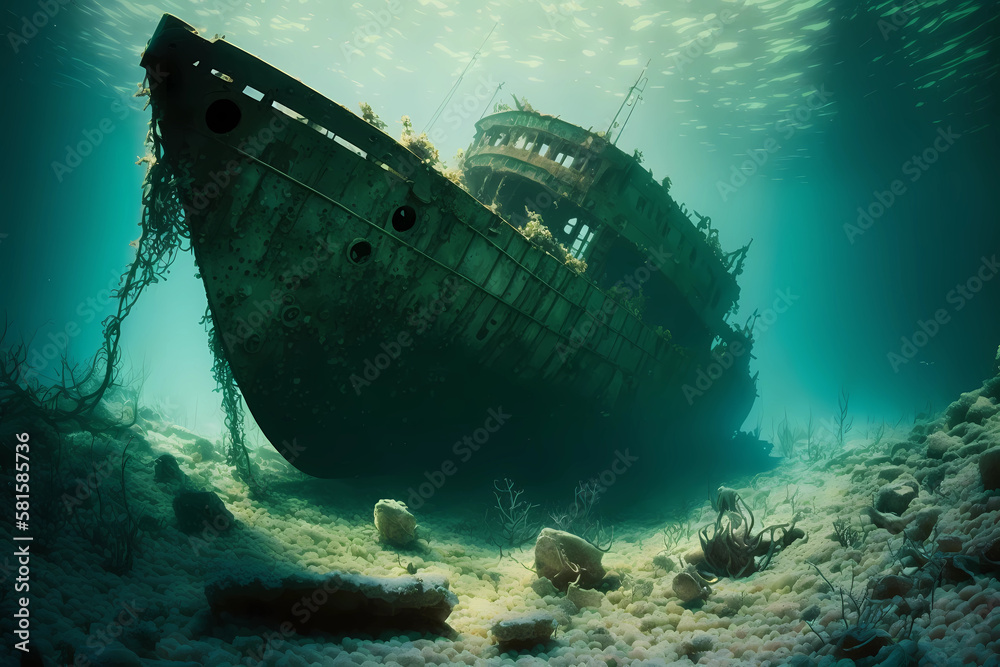 Shipwreck on the Ocean Floor, Eerie and Haunting (Generative AI)